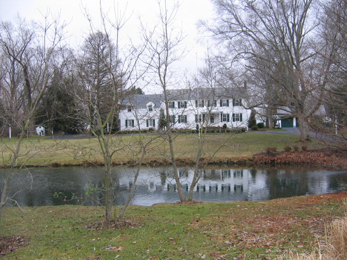 white house with pond